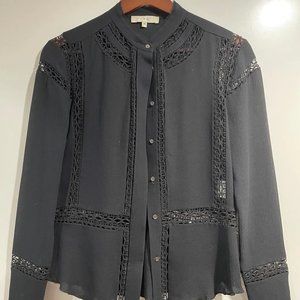 Iro Black Lace Cutout Long Sleeve Button Down